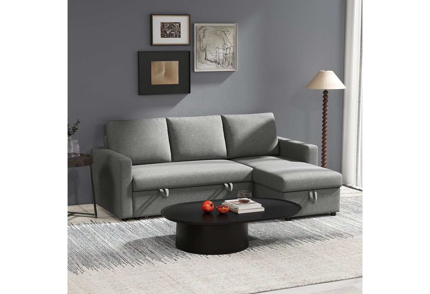 HOMCOM Ecksofa Leinen-Touch, mit Schlaffunktion, mit Chaiselongue, L-Form, Eckcouch 1 Teile, für Wohnzimmer, Hellgrau von HOMCOM