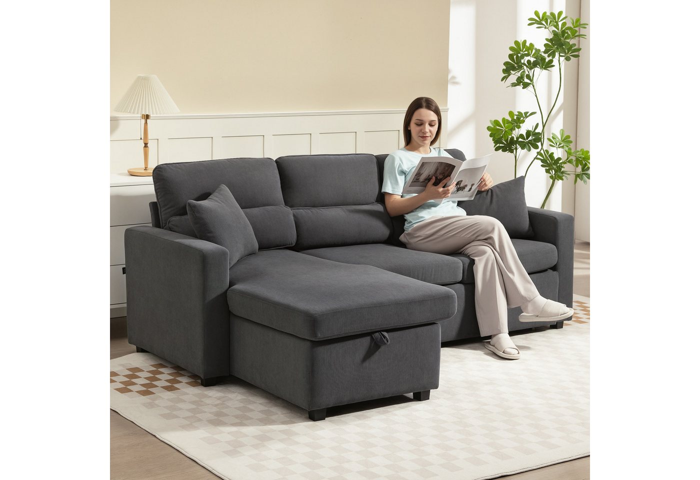 HOMCOM Ecksofa Sofa mit Schlaffunktion, Ecksofa 1 Teile, mit Stauraum, Beige von HOMCOM