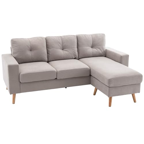 HOMCOM Ecksofa L-Form Sofa mit 3 Kissen, Eckcouch mit Knopfheftung, Leinenoptik, Couch Wohnlandschaft für Wohnzimmer, Schlafzimmer 193 x 136 x 85 cm Hellgrau von HOMCOM
