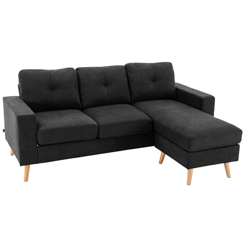 HOMCOM Ecksofa L-Form Sofa mit 3 Kissen, Eckcouch mit Knopfheftung, Leinenoptik, Couch Wohnlandschaft für Wohnzimmer, Schlafzimmer 193 x 136 x 85 cm Schwarz von HOMCOM