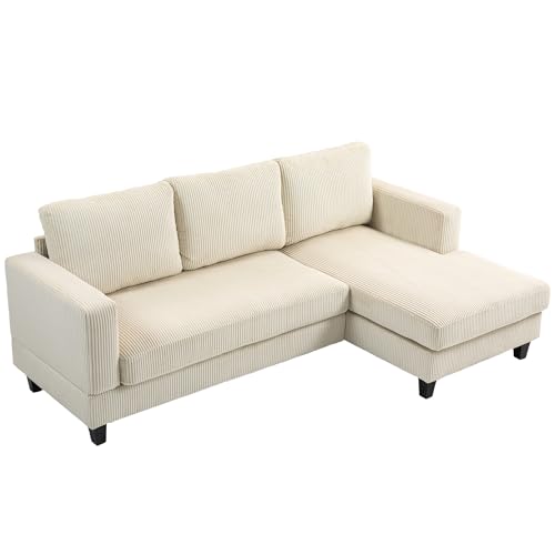 HOMCOM Ecksofa aus Cord, 3-Sitzer-Sofa mit Ottomane und Kissen mit dicken Federn, Breite 214 cm, modernes Design, belastbar bis 400 kg, für Wohnzimmer, Wohnung, Beige von HOMCOM
