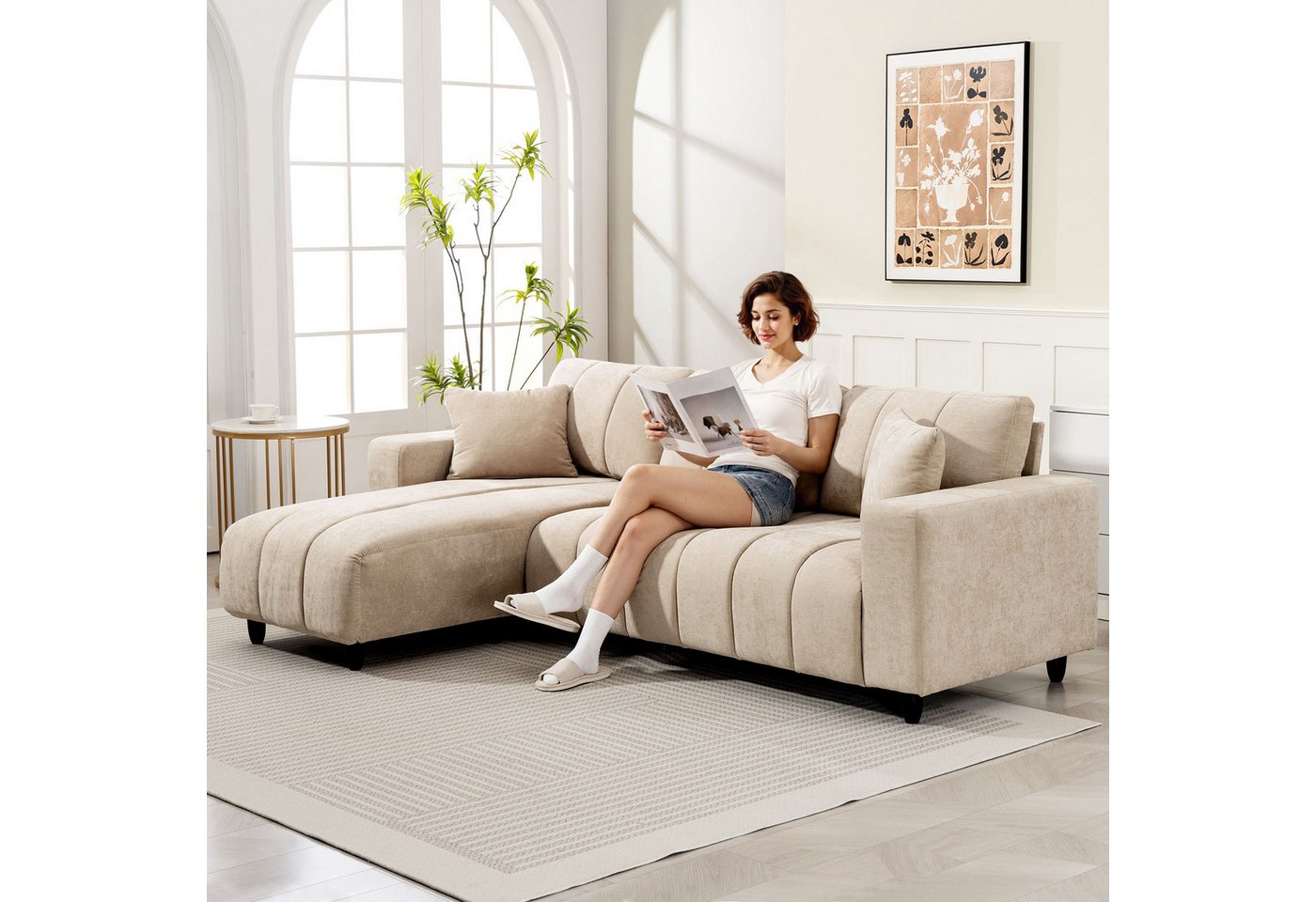 HOMCOM Ecksofa mit 2 Kissen, Couchgarnitur 1 Teile, für Wohnzimmer, Beige von HOMCOM