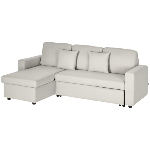 HOMCOM Ecksofa mit Bettfunktion, Eckcouch inklusive 2er-Sitz Sofa, Einzelbett, L-Form Schlafsofa mit Stauraum, 2 Kissen im Leinenoptik für Wohnzimmer Cremeweiß von HOMCOM