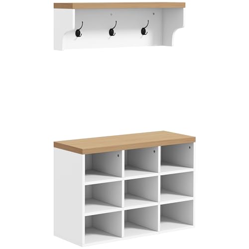 HOMCOM Eingangshalle mit Garderobe und Schuhbank 2 in 1 Eingangshalle Möbel mit 3 Haken und Ablagen für 9 Paar Schuhe 75x30x50 cm und 75x20x22,5 cm Weiß von HOMCOM