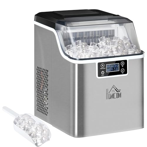 HOMCOM Eiswürfelmaschine, Ice Maker Edelstahl 24 Eiswürfel in 14-18 Min., 20kg/24h, 3,2L Wassertank, Selbstreinigend Eiswürfelbereiter mit 2 Arten der Wasserbefüllung, für Küche, Büro, Party, Silber von HOMCOM