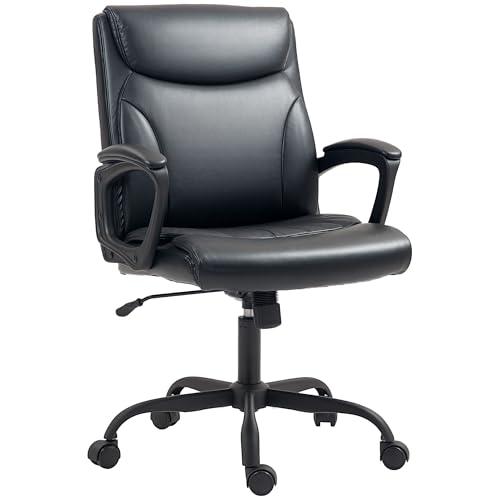 HOMCOM Ergonomischer Bürostuhl mit Armlehnen, Schreibtisch-Drehstuhl mit Verstellbarer Höhe und Wippfunktion, Kunstleder-Bürosessel für das Arbeitszimmer, schwarz von HOMCOM