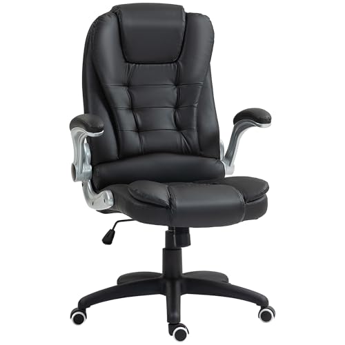 HOMCOM Ergonomischer Bürostuhl mit klappbaren Armlehnen und Kopfstütze, Schreibtisch-Drehstuhl mit Verstellbarer Höhe und Wippfunktion aus PU-Leder für Arbeitszimmer und Schlafzimmer, schwarz von HOMCOM