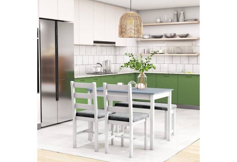 HOMCOM Essgruppe Esstisch mit 2 Gepolsterten Stühlen, Bank, (Esszimmergruppe, 4-tlg., Esstisch-Set), für Küche, Esszimmer, Kiefernholz, Grau+Weiß von HOMCOM
