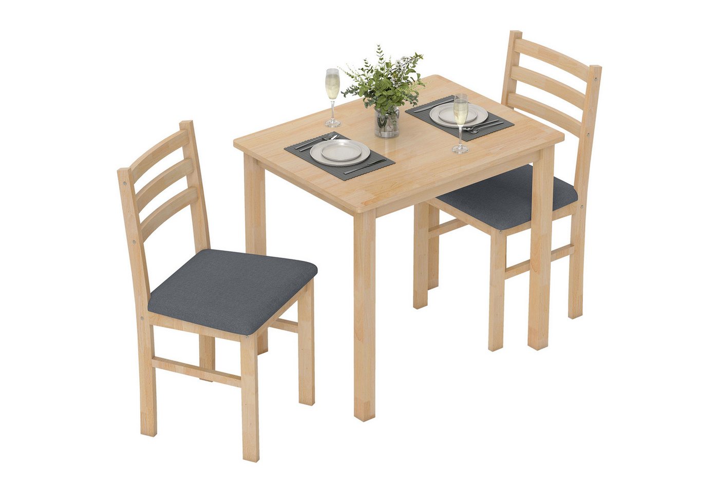HOMCOM Essgruppe Esstisch mit 2 Stühlen Platzsparend Esszimmergruppe, (Sitzgruppe, 3-tlg., Küchentisch mit gepolsterten Essstühlen), für kleine Raum, Esszimmer, Küche, Naturholz von HOMCOM