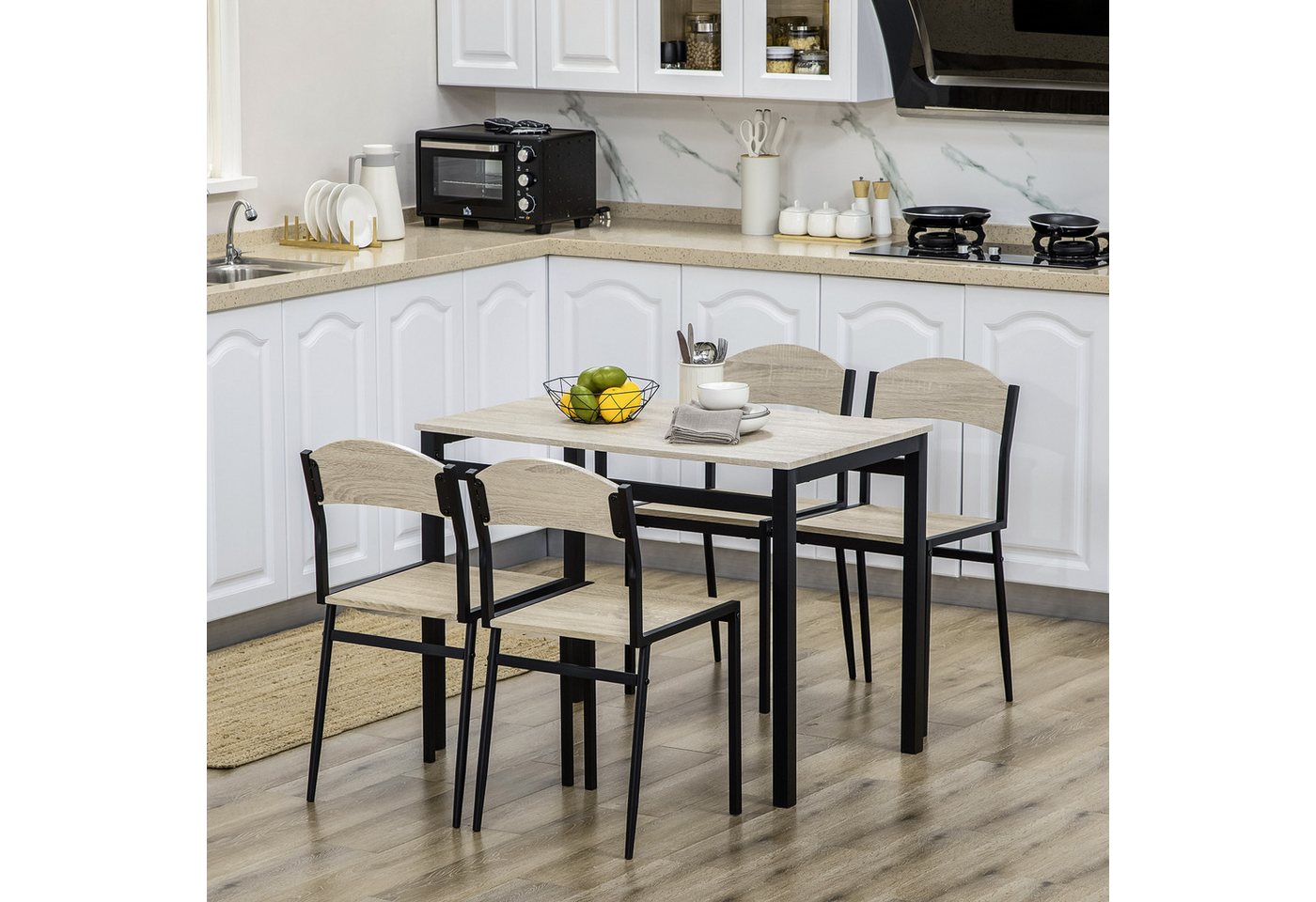 HOMCOM Essgruppe Esstisch mit 4 Stühlen, (Küchentisch-Set, 5-tlg., Esszimmertisch), für Esszimmer, Küche, Naturholz+Schwarz von HOMCOM