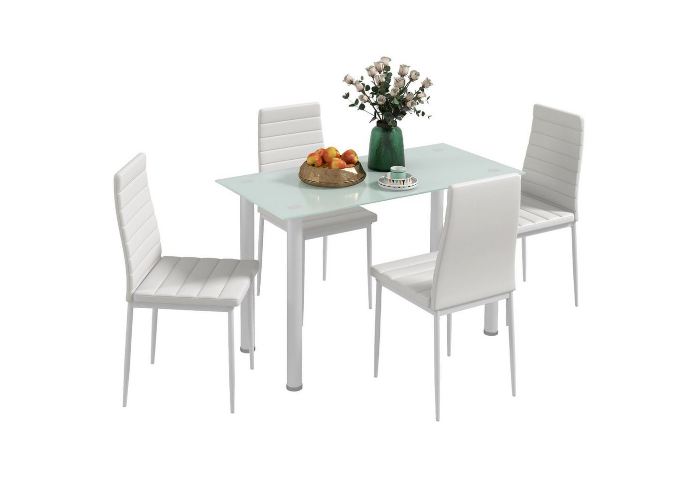 HOMCOM Essgruppe Esstisch mit 4 Stühlen, Küchentisch mit Hartglasplatte, (Esszimmermöbel, 5-tlg., Esstisch Set), für Küche, Esszimmer, Stahl, Weiß von HOMCOM