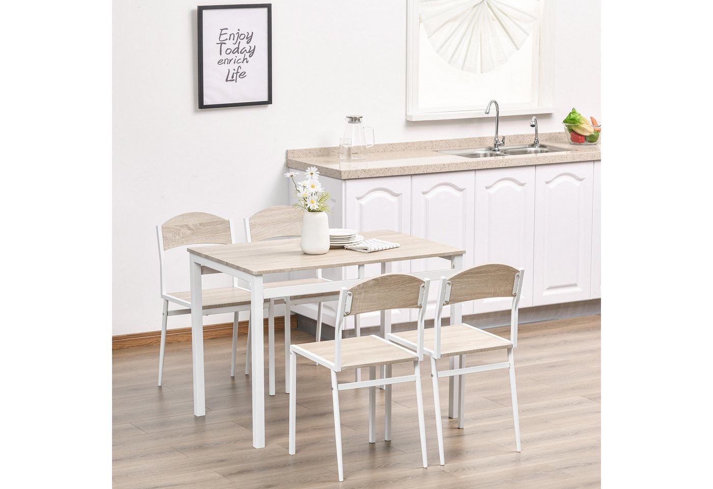 HOMCOM Essgruppe Küchentisch mit 4 Stühlen, (Esstisch Set, 5-tlg., Esszimmergruppe), MDF, Metall Grau+Weiß von HOMCOM