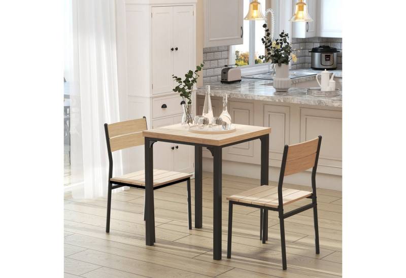 HOMCOM Essgruppe Küchentisch mit Metallgestell, (Sitzgruppe, 3-tlg., Esstisch Set), MDF Metall Naturholzmaserung+Schwarz von HOMCOM