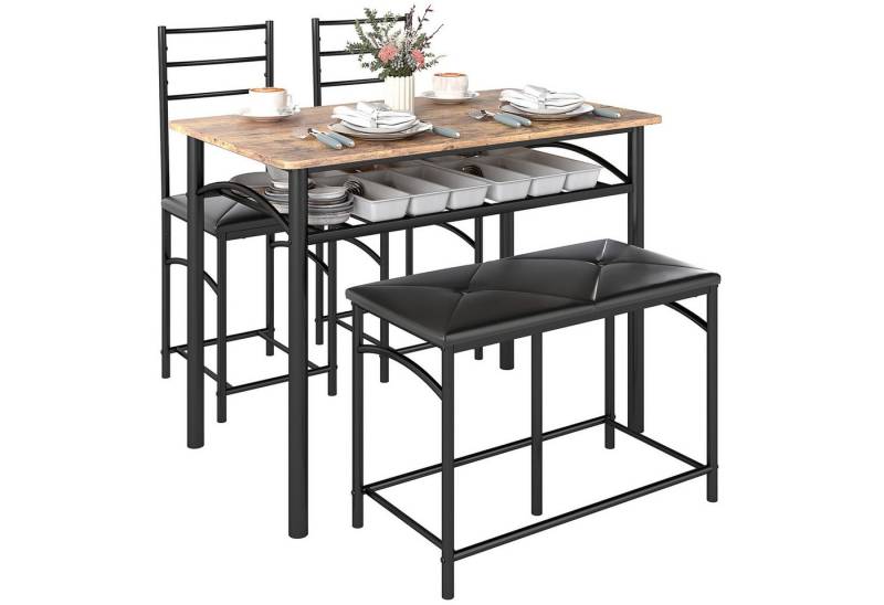 HOMCOM Essgruppe Platzsparendes Set aus Tisch, 2 Stühlen und Bank, (Esszimmer-Set, 4-tlg., Küchenset für kleine Räume), Metall, MDF, Braun von HOMCOM