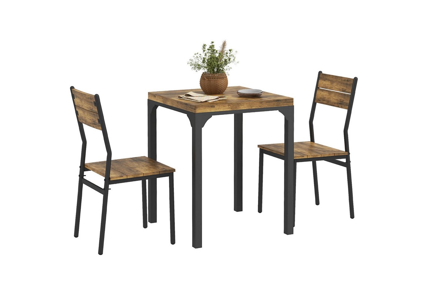 HOMCOM Essgruppe Sitzgruppe Küchentisch mit Metallgestell, (Esszimmergruppe, 3-tlg., Esstisch Set Holztisch), mit 1 Tisch + 2 Stühlen, Naturholzmaserung von HOMCOM