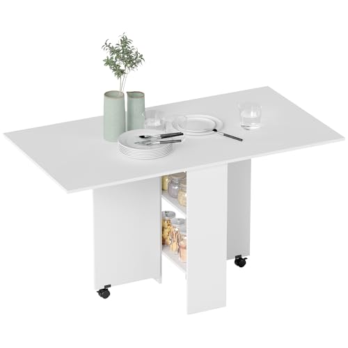 HOMCOM Esstisch, Klapptisch mit Rollen, Schreibtisch, Beistelltisch, Tisch mit Ablagefläche für Esszimmer, Holz, Weiß, 80 x 140 x 74 cm von HOMCOM