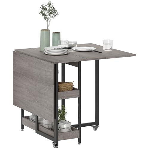 HOMCOM Esstisch Klappbar Küchentisch für 2-4 Personen mit 2 Offenen Ablagen, Mobiler Esszimmertisch Klapptisch mit Rollen für Kleine Räume, Esszimmer, Küche 133,4 x 80 x 75 cm Grau von HOMCOM