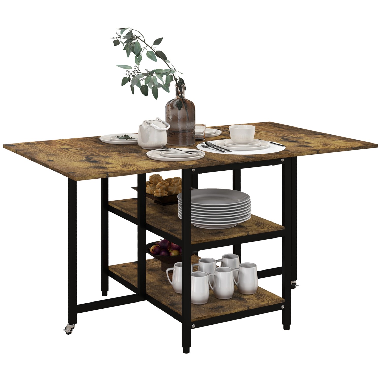 HOMCOM Esstisch Klappbar mit 2 Ablagen 140 x 80 cm Rollen Stahl Rustikal-Braun HOMCOM Esstisch Klappbar mit 2 Ablagen 140 x 80 cm Rollen Stahl Rustikal-Braun von HOMCOM