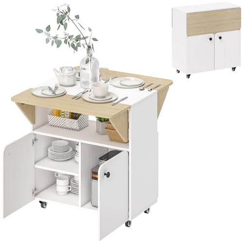 HOMCOM Esstisch Klappbarer Mobiler Küchentisch für 2-4 Personen, Klapptisch mit Rolle, Stauraum, Esszimmertisch für Kleine Räume, Esszimmer 70 x 83 x 75 cm, Weiß+Naturholz von HOMCOM
