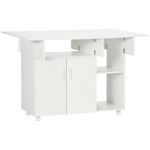 HOMCOM Esstisch Klapptisch mit Rollen Küchenschrank Mobiler Tisch mit Klappplatte Küchentisch mit 3 Regale 1 Schrank für Esszimmer Wohnzimmer Weiß Spanplatte 115 x 73 x 76 cm von HOMCOM