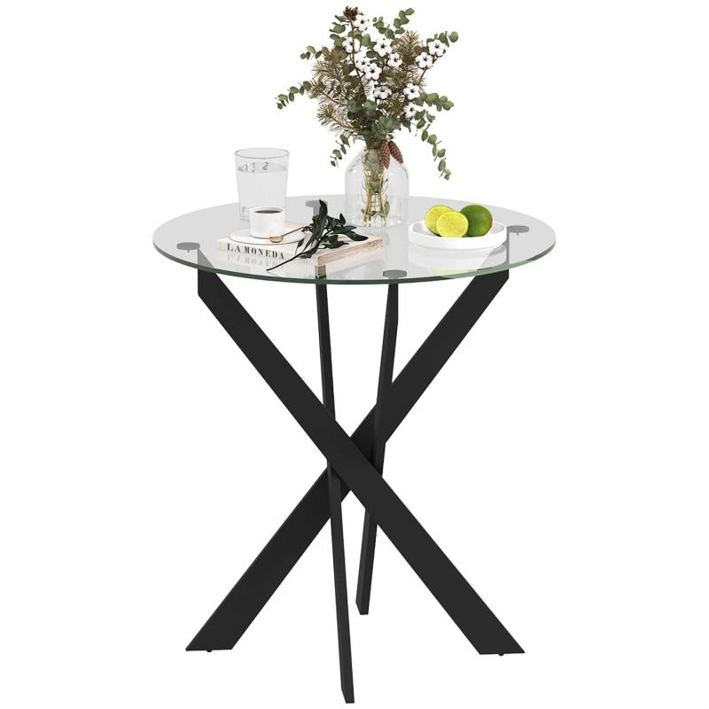 HOMCOM Esstisch für 4 Personen Hartglas Stahl Schwarz Ø70 x 75H cm von HOMCOM