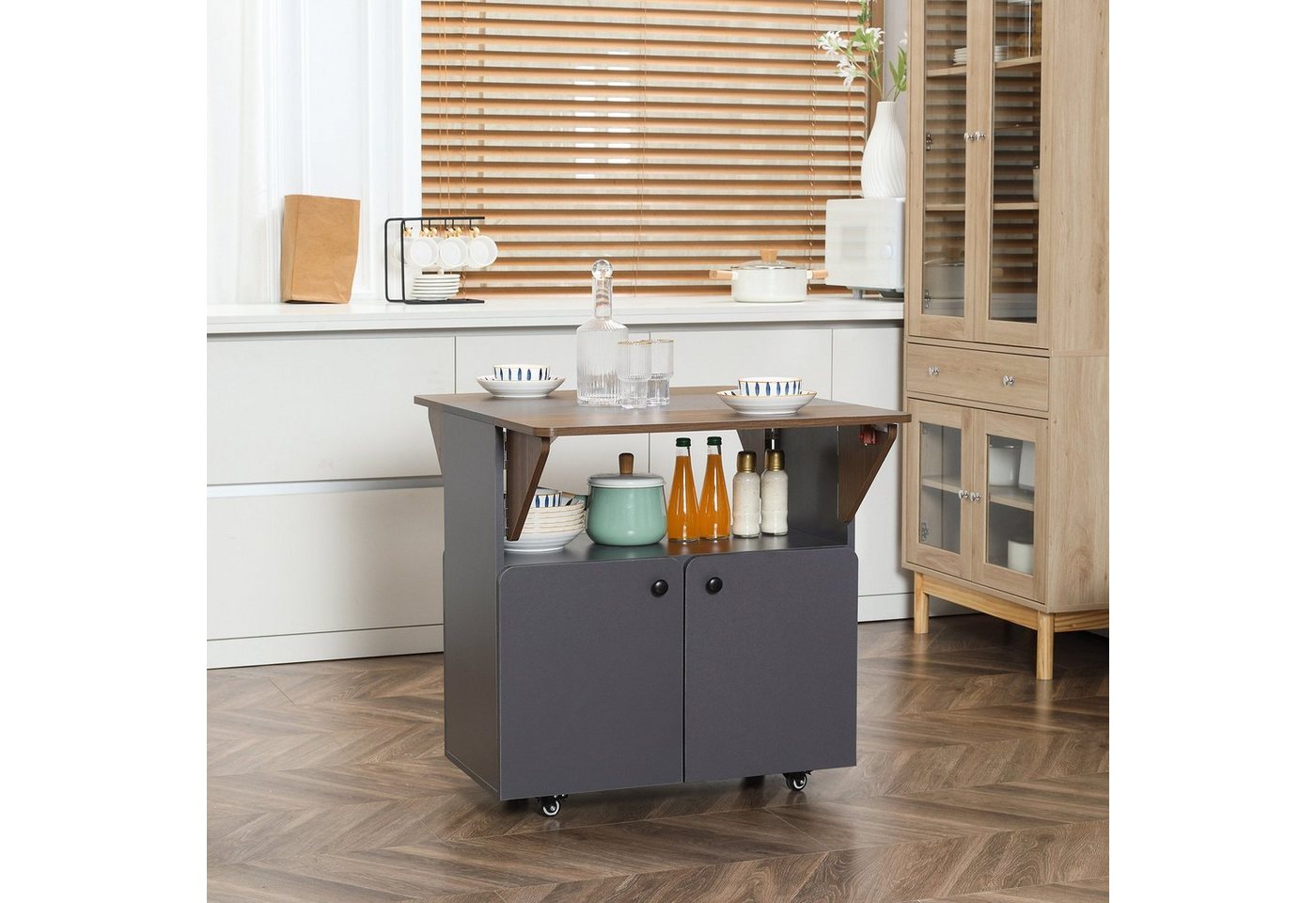 HOMCOM Esstisch mit Rolle, Stauraum (mobiler Küchentisch, 1-St., Klapptisch für 2-4 Personen), für Kleine Räume, Esszimmer 70 x 83 x 75 cm, Hellgrau+Dunkelbraun von HOMCOM