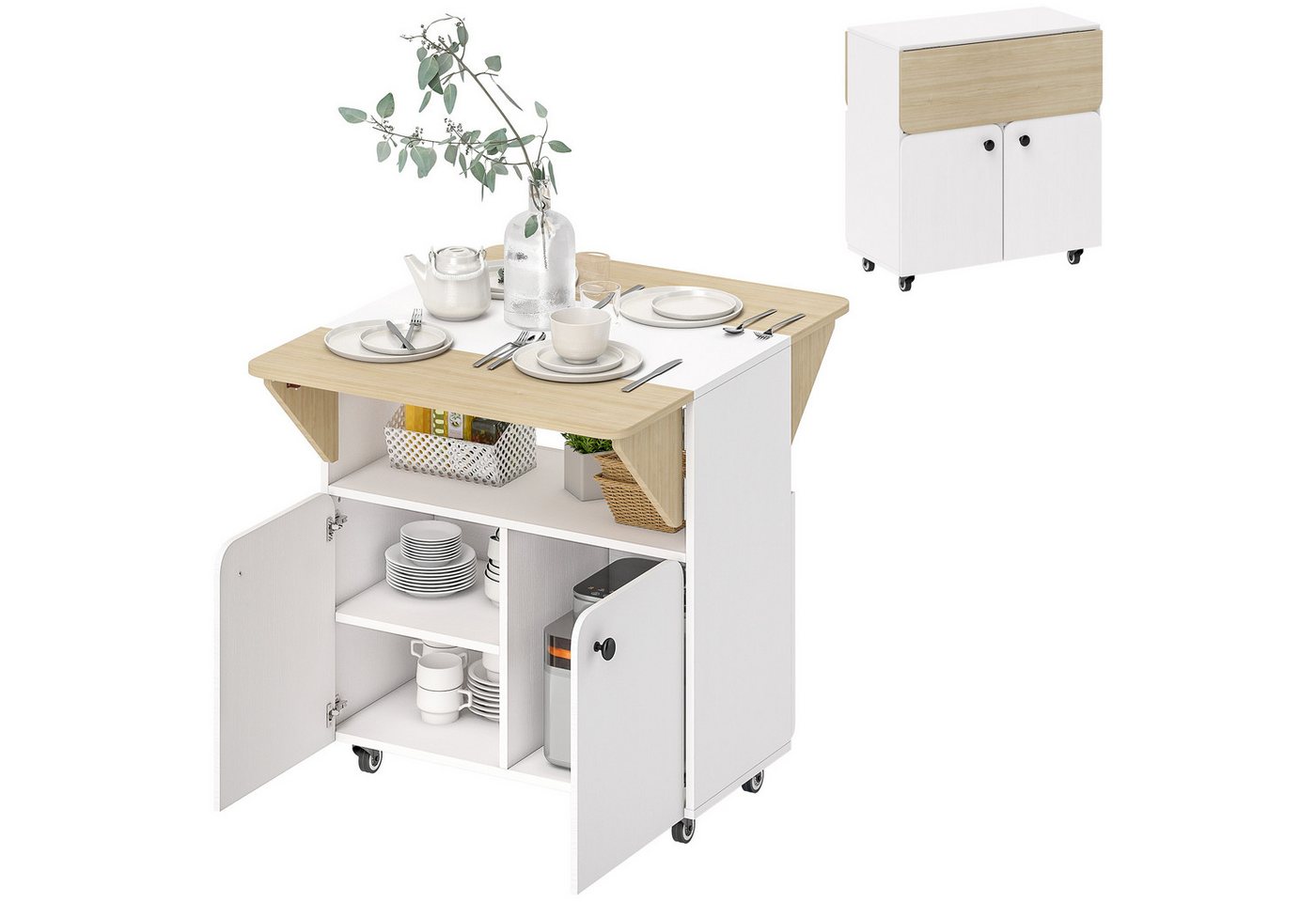 HOMCOM Esstisch mit Rolle, Stauraum (mobiler Küchentisch, 1-St., Klapptisch für 2-4 Personen), für Kleine Räume, Esszimmer 70 x 83 x 75 cm, Weiß+Naturholz von HOMCOM