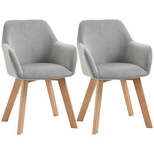 HOMCOM Esszimmerstühle 2er Set, Küchenstuhl mit Armlehne, Rückenlehne, Polsterstühle mit Samtoptik, Wohnzimmerstuhl mit Holzbeine für Küche, Esszimmer, Grau von HOMCOM