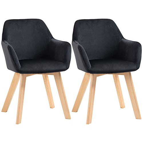 HOMCOM Esszimmerstühle 2er Set, Küchenstuhl mit Armlehne, Rückenlehne, Polsterstühle mit Samtoptik, Wohnzimmerstuhl mit Holzbeine für Küche, Esszimmer, Schwarz von HOMCOM