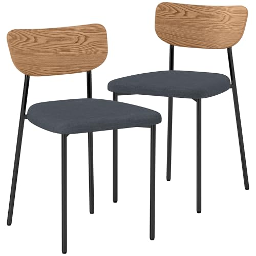 HOMCOM Esszimmerstühle 2er-Set Küchenstuhl mit Rückenlehne, Leinenoptik, Stühle ohne Armlehne, Polsterstuhl mit Stahlbeine, Wohnzimmerstuhl für Esstisch, Grau von HOMCOM