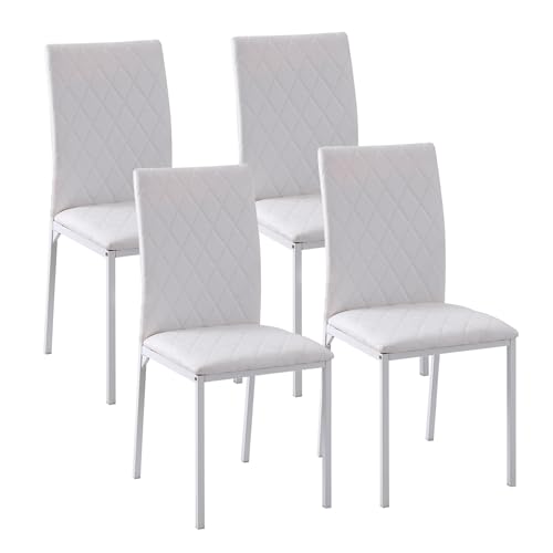 HOMCOM Esszimmerstühle 4er Set Küchenstühle mit Rückenlehne, Rautensteppung, Polsterstühle mit Metallbeinen, für Esszimmer, Küche, Wohnzimmer, Kunstleder, Weiß von HOMCOM