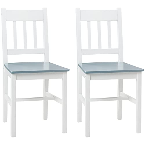 HOMCOM Esszimmerstuhl, 2er Set Küchenstühle, Küchenstuhl, Wohnzimmerstuhl mit Rückenlehne, Essstuhl für Küche, Esszimmer, Kiefernholz, 41 x 46,5 x 85,5 cm, Weiß+Grau von HOMCOM