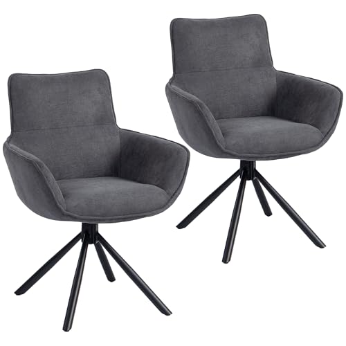 HOMCOM Esszimmerstuhl 2er Set Drehbar Küchenstuhl mit Samtoptik, Sessel mit Armlehne, Metallbeine, Loungesessel, Polsterstuhl für Esszimmer Wohnzimmer, Dunkelgrau von HOMCOM