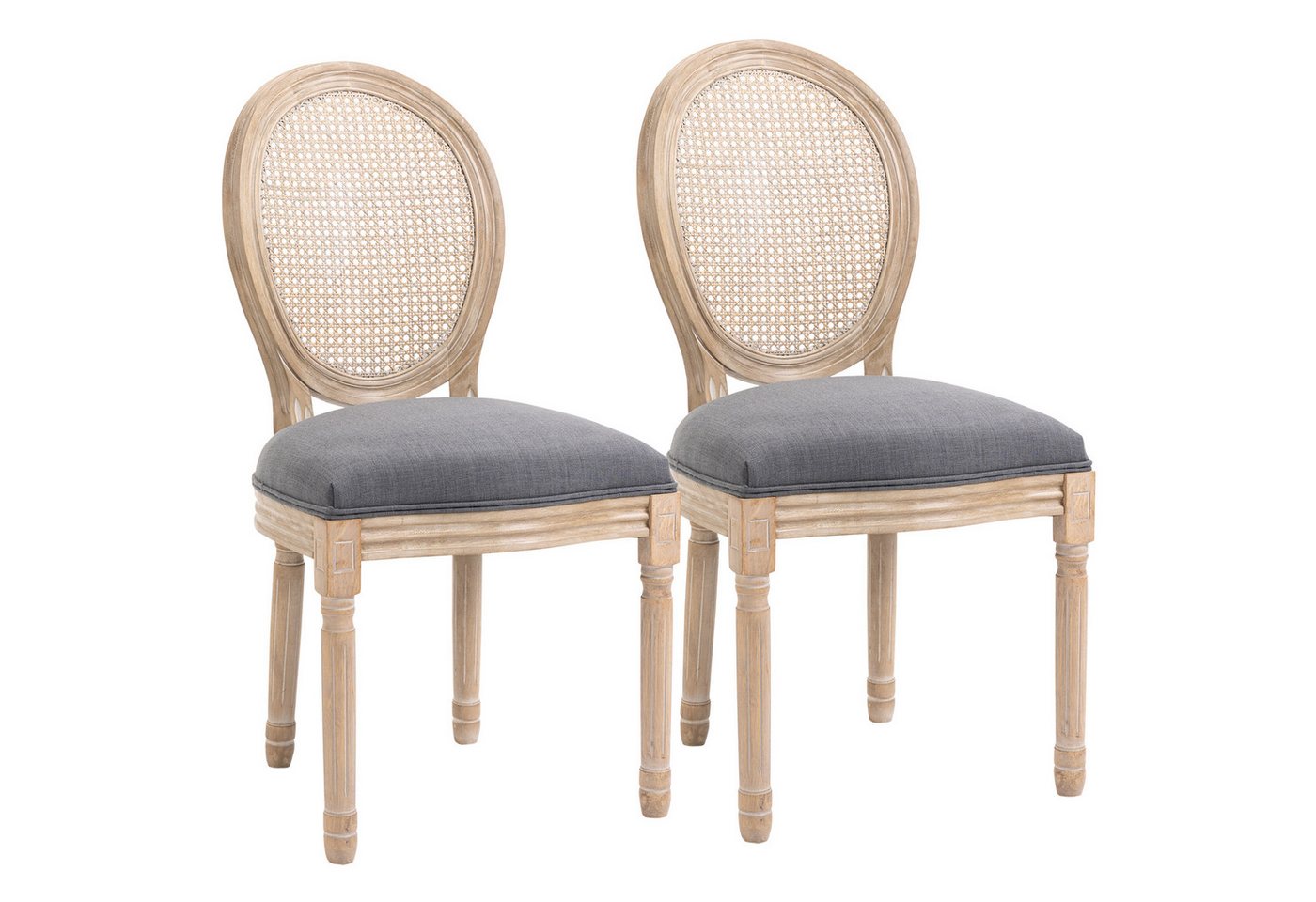 HOMCOM Esszimmerstuhl Küchenstuhl mit Rattan-Rückenlehne, Leinenoptik (Gepolsterter Polsterstuhl, 2 St), im Französischen Stil, für Wohnzimmer, Esszimmer, Grau von HOMCOM