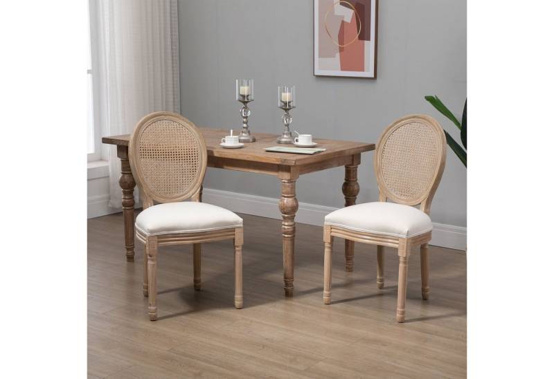 HOMCOM Esszimmerstuhl Küchenstuhl mit Rattan-Rückenlehne (Gepolsterter Polsterstuhl, 2 St), im Französischen Stil, für Wohnzimmer, Esszimmer, Cremeweiß von HOMCOM