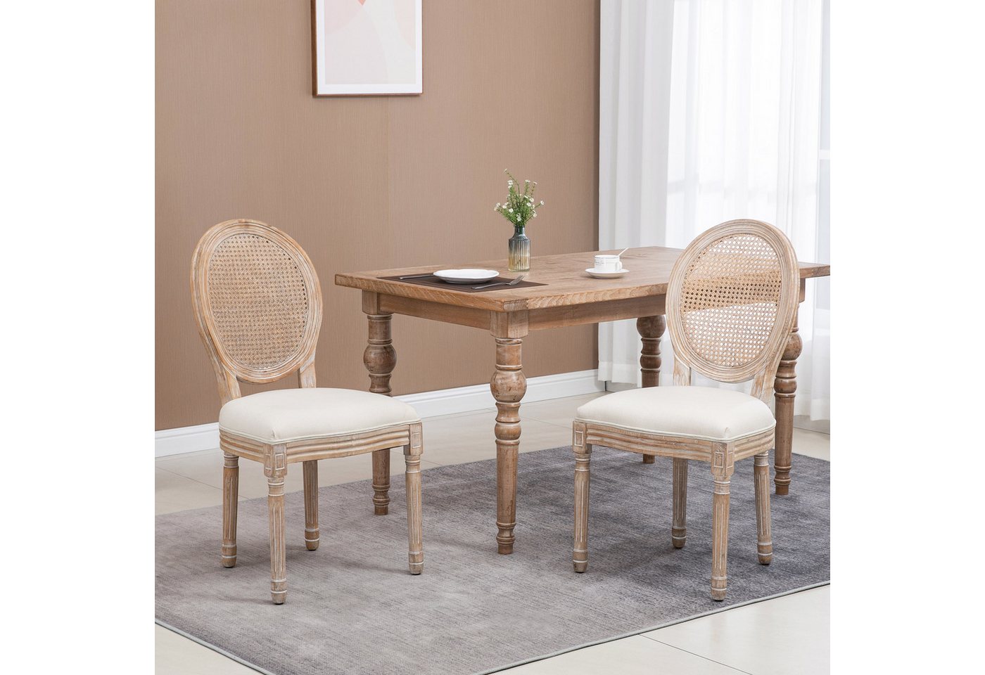 HOMCOM Esszimmerstuhl mit Rattan-Rückenlehne, Leinenoptik (Gepolsterter Polsterstuhl, 2 St), im Französischen Stil, für Wohnzimmer, Esszimmer, Beige von HOMCOM