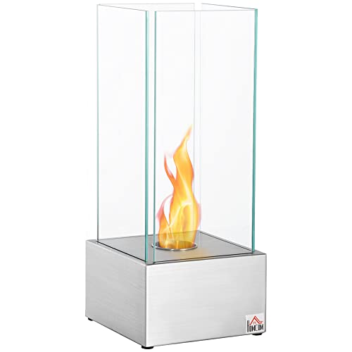 HOMCOM Ethanol-Kamin Feuerschale Bio-Ethanol-Brenner 0,4L 2 Std. Brenndauer 15m² mit Feuerlöschdeckel Edelstahl Hartglas Silber 25 x 25 x 60 cm von HOMCOM
