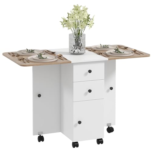 HOMCOM Faltbarer Küchentisch, Esstisch, 2 Klapptische mit 2 Schubladen, 1 Schrank und 1 Aufbewahrungsregal, 120 x 60 x 76,5 cm, Weiß und Eiche von HOMCOM