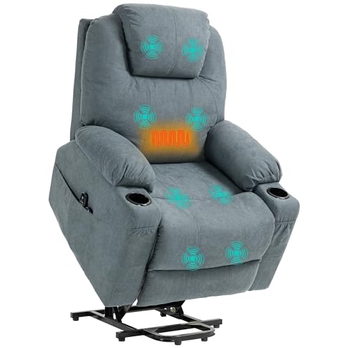 HOMCOM Fernsehsessel mit Aufstehhilfe Elektrisch, Relaxsessel mit Massagefunktion, Heizfunktion, Liegefunktion TV-Sessel mit Fußteil, Fernbedienung, Seitentasche und Becherhalter, Dunkelgrau von HOMCOM