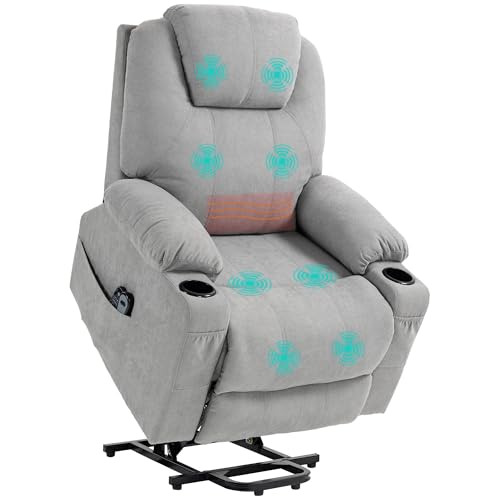 HOMCOM Fernsehsessel mit Aufstehhilfe Elektrisch, Relaxsessel mit Massagefunktion, Heizfunktion, Liegefunktion TV-Sessel mit Fußteil, Fernbedienung, Seitentasche und Becherhalter, Hellgrau von HOMCOM