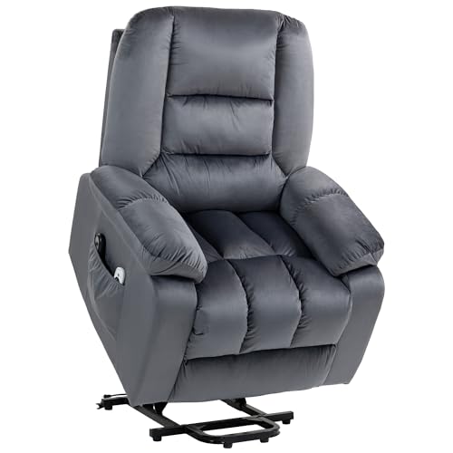 HOMCOM Fernsehsessel mit Aufstehhilfe Elektrisch Relaxsessel mit Wärmefunktion, Liegefunktion Massagesessel mit Fernbedienung, Fußteil, Seitentasche TV Sessel für Wohnzimmer Grau von HOMCOM