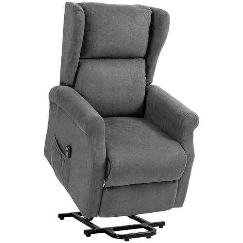 HOMCOM Fernsehsessel mit Aufstehhilfe Elektrisch, Relaxsessel mit Liegefunktion, Leinenoptik, TV-Sessel mit Seitentasche und Fernbedienung, für Wohnzimmer, Dunkelgrau von HOMCOM