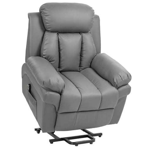 HOMCOM Fernsehsessel mit Aufstehhilfe Elektrisch, Relaxsessel mit Liegefunktion, TV-Sessel mit Fernbedienung und Seitentasche, für Wohnzimmer, Kunstleder, Grau von HOMCOM