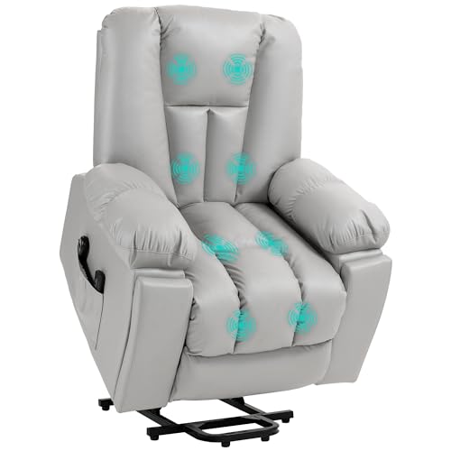 HOMCOM Fernsehsessel mit Aufstehhilfe Elektrisch, Relaxsessel mit Liegefunktion, Vibrationsmassage, Massagesessel mit Taschenfederkern, Fernbedienung, Getränkehalter und Seitentasche, Hellgrau von HOMCOM