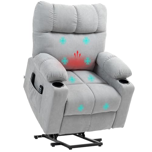 HOMCOM Fernsehsessel mit Aufstehhilfe Elektrisch, Relaxsessel mit Liegefunktion, Wärme- und Massagefunktion, TV-Sessel mit Federsystem, Fernbedienung, Seitentasche und Becherhalter Hellgrau von HOMCOM