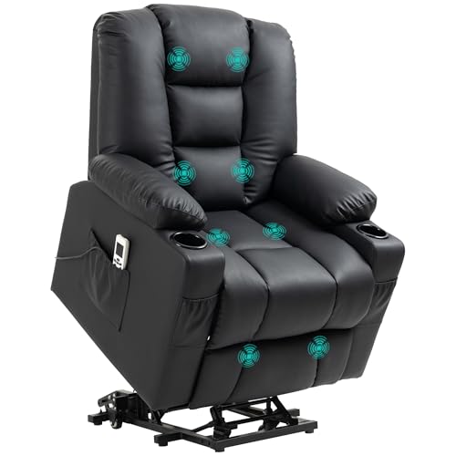 HOMCOM Fernsehsessel mit Aufstehhilfe Elektrisch Relaxsessel mit Massagefunktion, USB, Liegefunktion, Massagesessel mit Fernbedienung, Becherhalter, Seitentasche, Fußteil, Rollen, Schwarz von HOMCOM