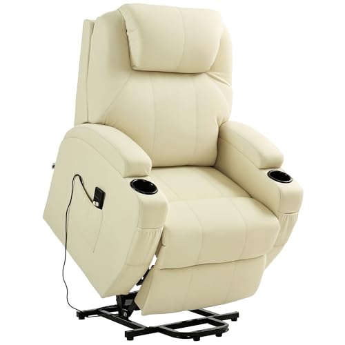 HOMCOM Fernsehsessel mit Aufstehhilfe Elektrisch Relaxsessel mit Liegefunktion, TV-Sessel mit Becherhalter, Seitentasche und Fernbedienung, Kunstleder, Creme von HOMCOM