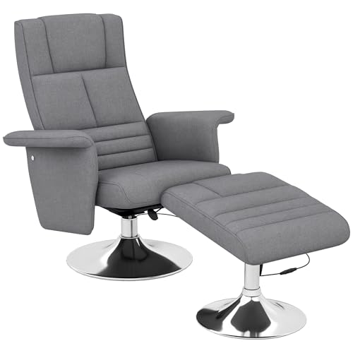 HOMCOM Relaxsessel mit Hocker, 360°drehbarer Fernsehsessel mit Vibrations-Massage, Liegefunktion, Massagesessel mit Seitentasche, Ruhesessel, Leinenstoff für Wohnzimmer Dunkelgrau von HOMCOM