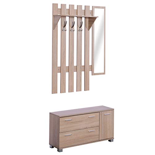 HOMCOM Flur-Set mit Spiegel, Garderobe und Schuhregal 3 Haken, Regal und 2 Schubladen Flurmöbel Eiche von HOMCOM