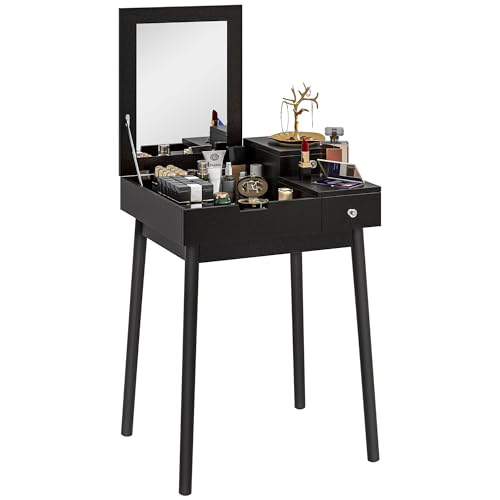 HOMCOM Frisiertisch mit Spiegel Schminktisch moderner Stil - 2 Schubladen, klappbarer Spiegel für Schlafzimmer, Wohnzimmer, 60 x 50 x 85,5 cm schwarz von HOMCOM